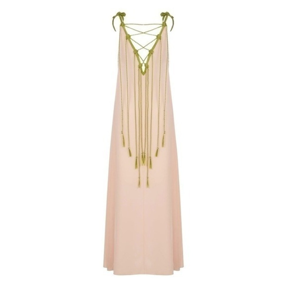 My Beachy Side Monarch Maxi Dress Pink Olive Green Crochet Tassel Resortwear M - Picture 5 of 10